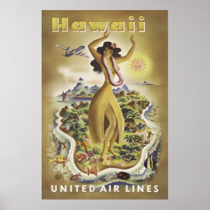 Vintage Hawaii Travel Poster Print, Hula Dancer