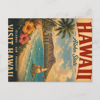 Vintage Hawaii Travel Poster with Tropical Beach, Holiday Postcard