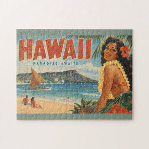 Vintage Hawaiian Hula Girl Aloha Escape Paradise Jigsaw Puzzle