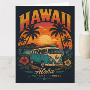 Vintage Hawaiian Sunset Palms Surfboard Aloha Card