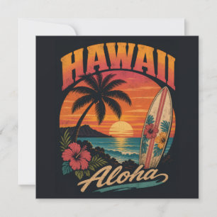 Vintage Hawaiian Sunset Palms Surfboard Aloha Holiday Card