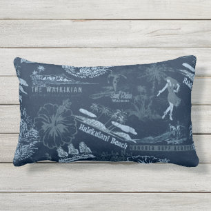 Vintage Hawaiian Travel Collage in Indigo Blue Lumbar Pillow