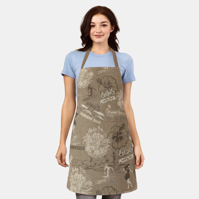 Vintage Hawaiian Travel Collage in Taupe Apron (Worn)