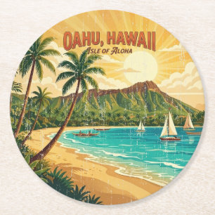 Vintage Hawaiian Travel Posters - Oahu Round Paper Coaster
