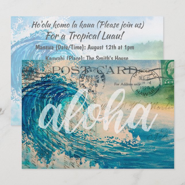 Vintage Hawaiian Wave Postcard Luau Invitation (Front/Back)