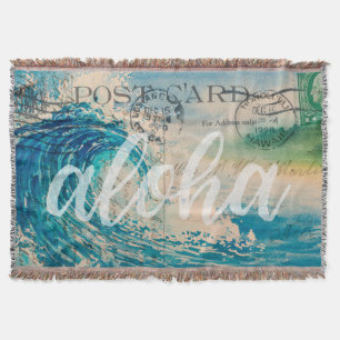 Vintage Hawaiian Wave Postcard Throw Blanket