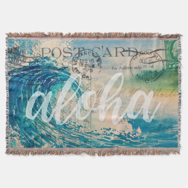 Vintage Hawaiian Wave Postcard Throw Blanket (Front)