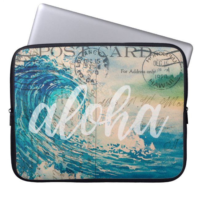 Vintage Hawaiian Wave Postcard Wetsuit Laptop Sleeve (Front)