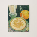 Vintage Health Foods, Beverages, Healthy Breakfast Jigsaw Puzzle<br><div class="desc">Vintage illustration health food and beverages image featuring a healthy breakfast of hot oatmeal,  glass of milk and an orange fruit.</div>