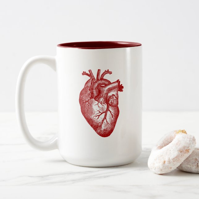 Vintage Heart Anatomy Two-Tone Coffee Mug (With Donut)