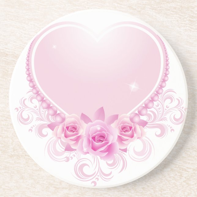 Vintage Heart and Roses Pink Coaster (Front)