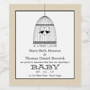 Vintage Heart Birdcage Baby Due date Announcement Wine Label