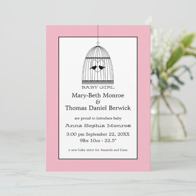 Vintage Heart Birdcage Baby Girl Announcement (Standing Front)