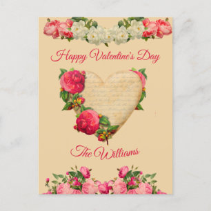 Vintage Heart Floral Valentine Custom Family Name Holiday Postcard