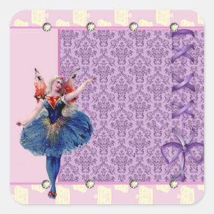 Vintage heart flower fairy ballerina blue pink square sticker