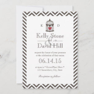 Vintage Heart in Bird Cage Chevron Stripes Wedding Invitation