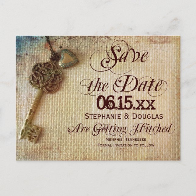 Vintage Heart Key Burlap Enregistrer la date Carte (Devant)
