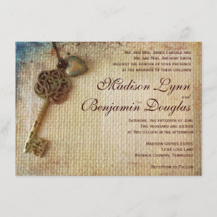 Vintage Heart Key Rustic Burlap Faire-part de mari