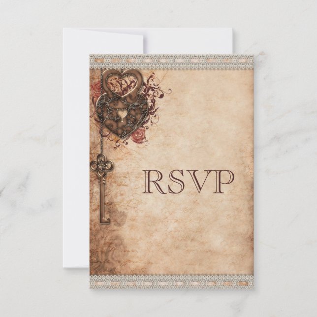 Vintage Heart Lock & Key Wedding RSVP Card (Front)