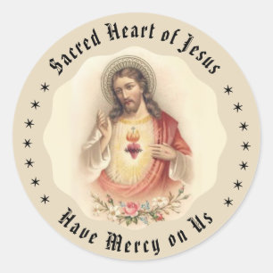 Vintage Heart of Jesus with Floral Roses Classic Round Sticker