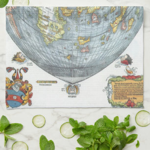 Vintage Heart Shaped Antique World Map Peter Apian Kitchen Towel