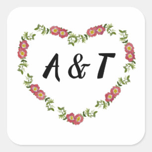 Vintage Heart-Shaped Wreath Flowers Wedding Red Square Sticker
