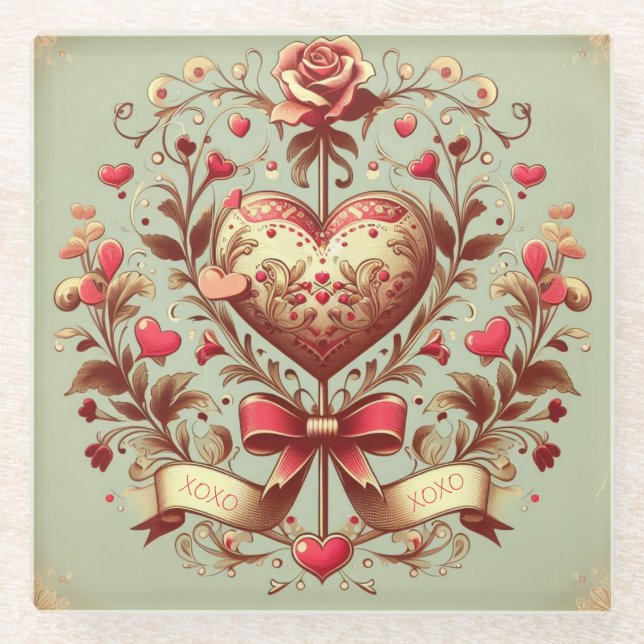 Vintage Heart Valentine's day xoxo  Glass Coaster (Front)