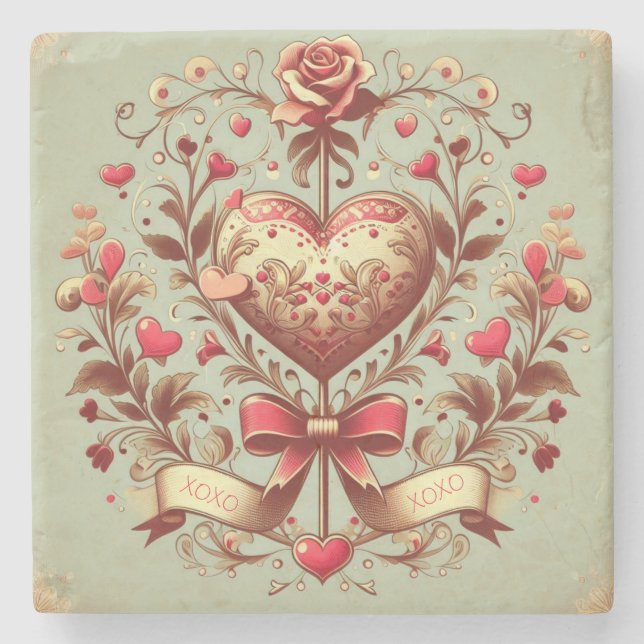 Vintage Heart Valentine's day xoxo  Stone Coaster (Front)