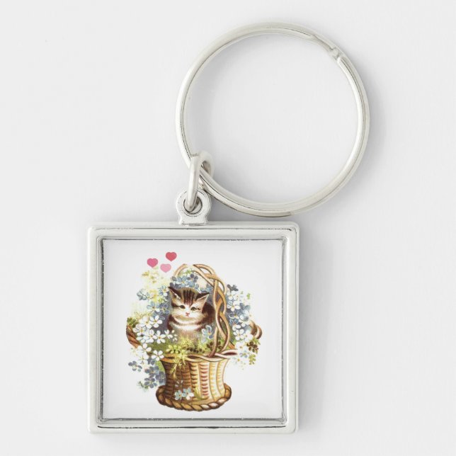 Vintage Hearts And Flowers Kitty Keychain (Front)
