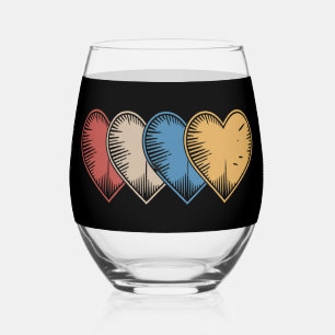 Vintage Hearts Cool Retro Valentines Day Gift Stemless Wine Glass