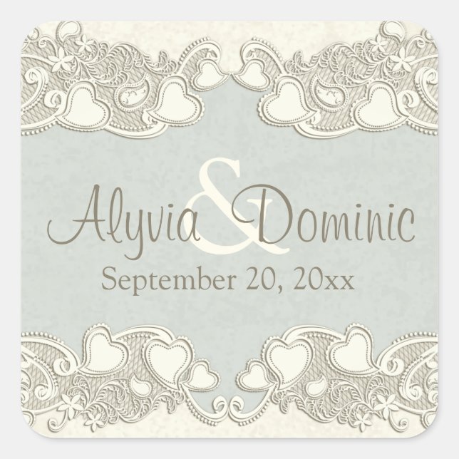 Vintage Hearts Ivory and Sage Square Sticker (Front)