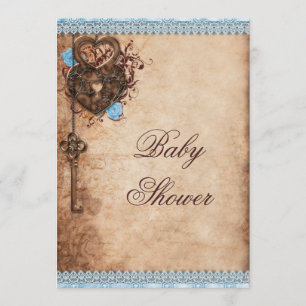 Vintage Hearts Lock and Key Boy Baby Shower Invitation