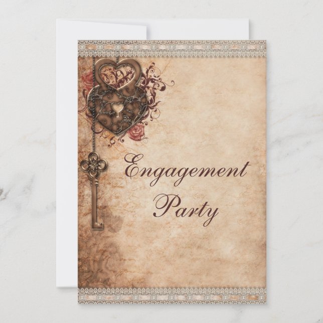 Vintage Hearts Lock and Key Engagement Party Invitation (Front)