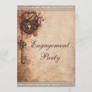 Vintage Hearts Lock and Key Engagement Party Invitation