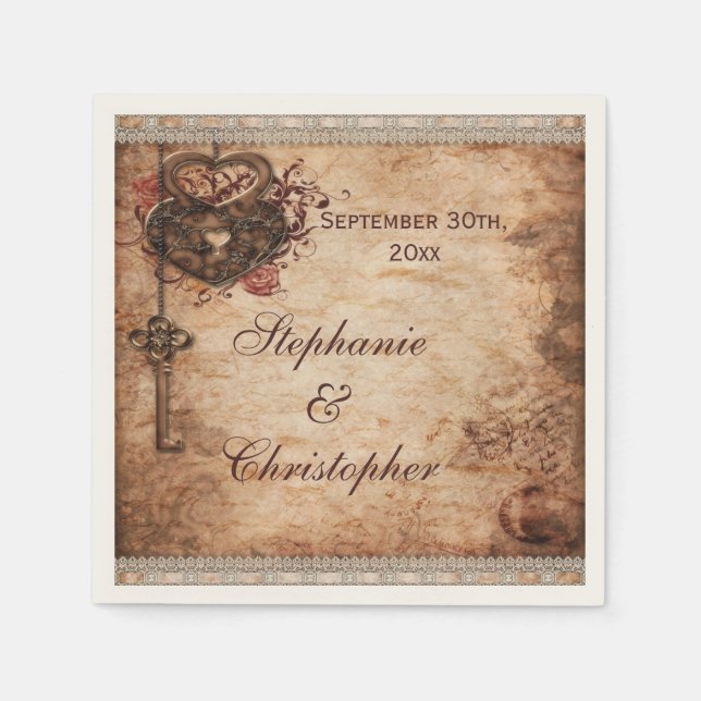 Vintage Hearts Lock and Key Personalized Wedding Napkin (Front)