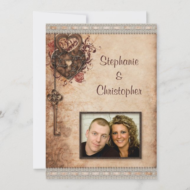 Vintage Hearts Lock and Key Photo Wedding Invitation (Front)
