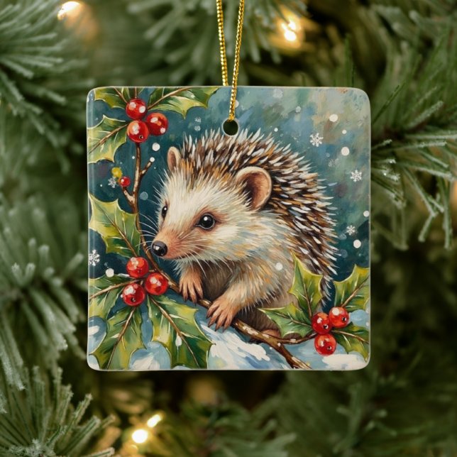 Vintage Hedgehog Among Holly Christmas Ceramic Ornament (Tree)