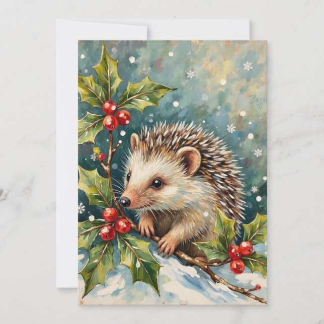 Vintage Hedgehog Among Holly Christmas Holiday Card (Front)