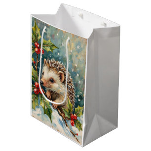 Vintage Hedgehog Among Holly Christmas Medium Gift Bag