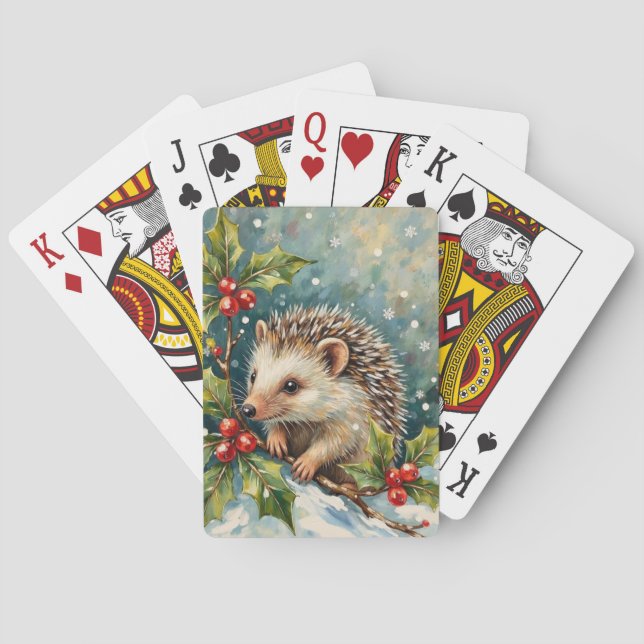 Vintage Hedgehog Among Holly Christmas Playing Cards (Back)