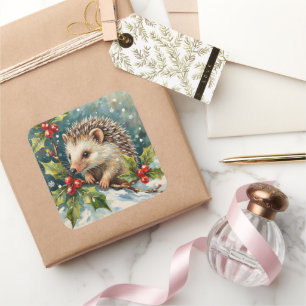 Vintage Hedgehog Among Holly Christmas Square Sticker