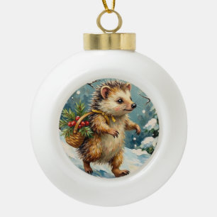 Vintage Hedgehog with Christmas Berry Basket Ceramic Ball Christmas Ornament