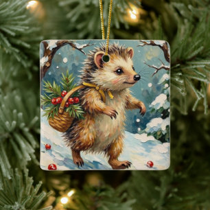 Vintage Hedgehog with Christmas Berry Basket Ceramic Ornament