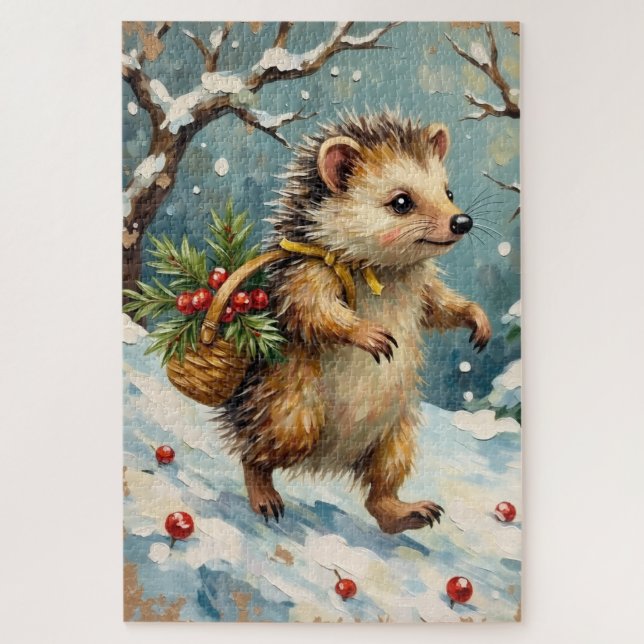 Vintage Hedgehog with Christmas Berry Basket Jigsaw Puzzle (Vertical)