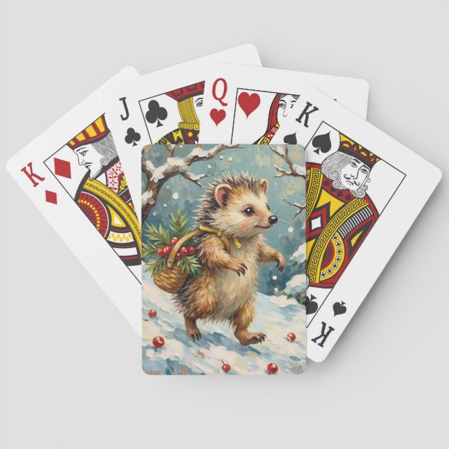 Vintage Hedgehog with Christmas Berry Basket Playing Cards (Back)