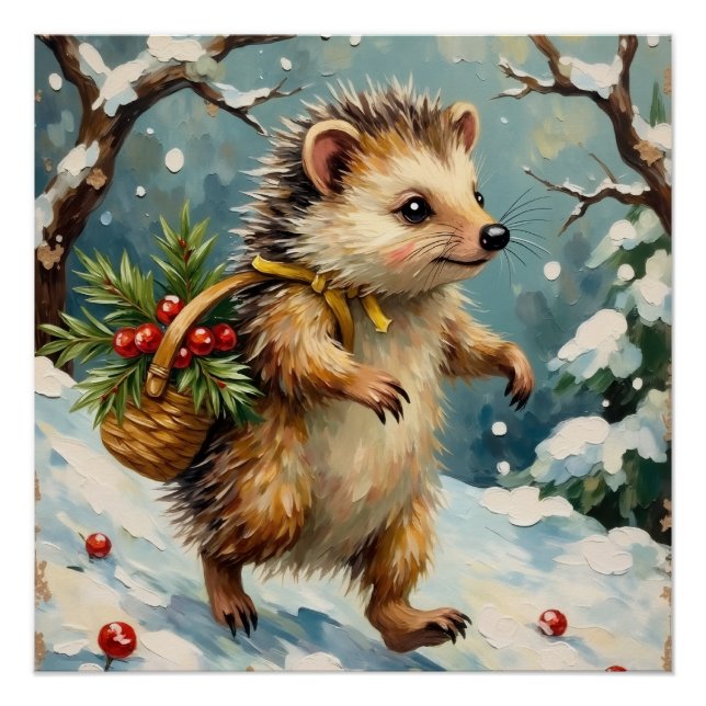 Vintage Hedgehog with Christmas Berry Basket Poster (Front)