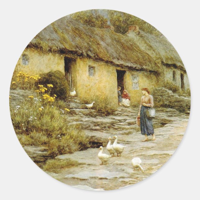 Vintage Helen Allingham Irish Cottage Classic Round Sticker (Front)
