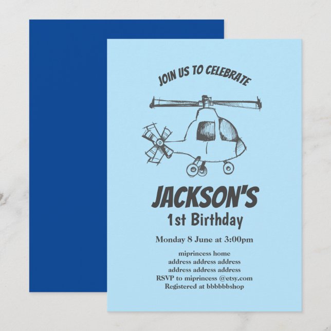 vintage, Hélicoptère, invitation d'anniversaire ga (Devant / Derrière)