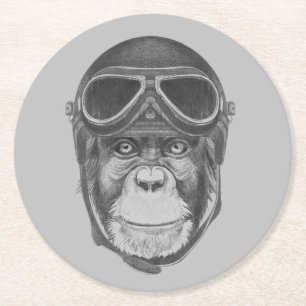 Vintage Helmet Chimpanzee Round Paper Coaster