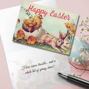 Vintage Hen and Bunny Carriage Easter Holiday Card